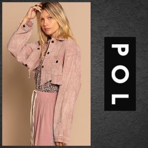 POL Cropped Uneven Raw Hem Corduroy Jacket Drop Shoulders Wide Sleeves